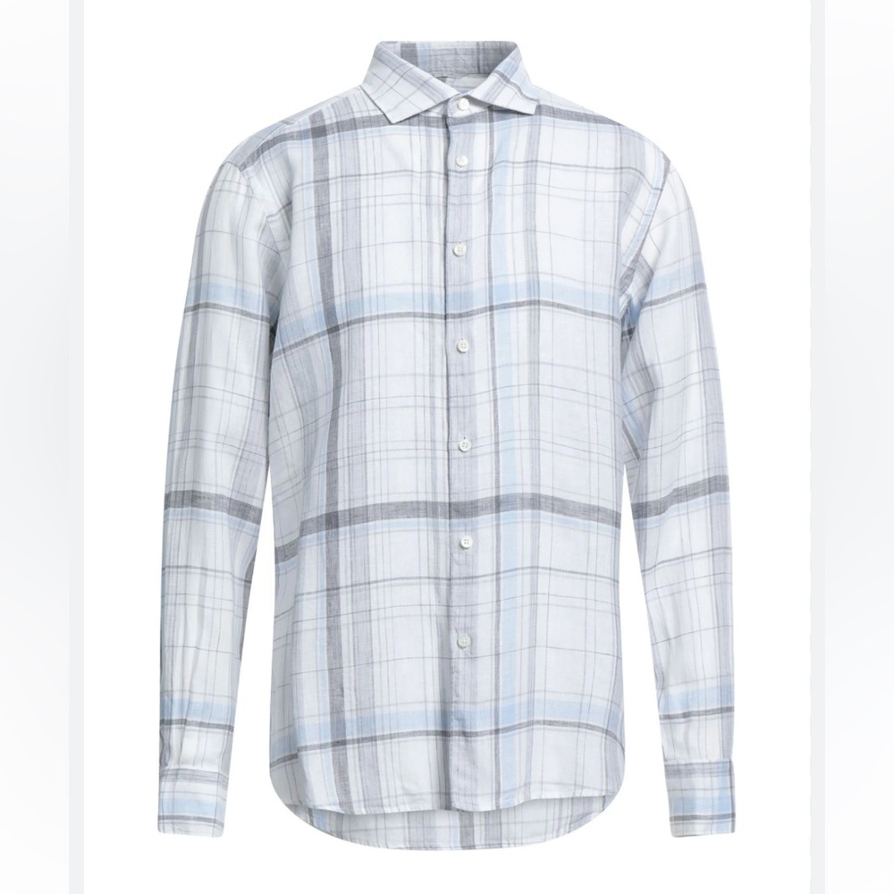 Ermenegildo Zegna Light Grey Linen Button down Plaid shirt NWT Medium